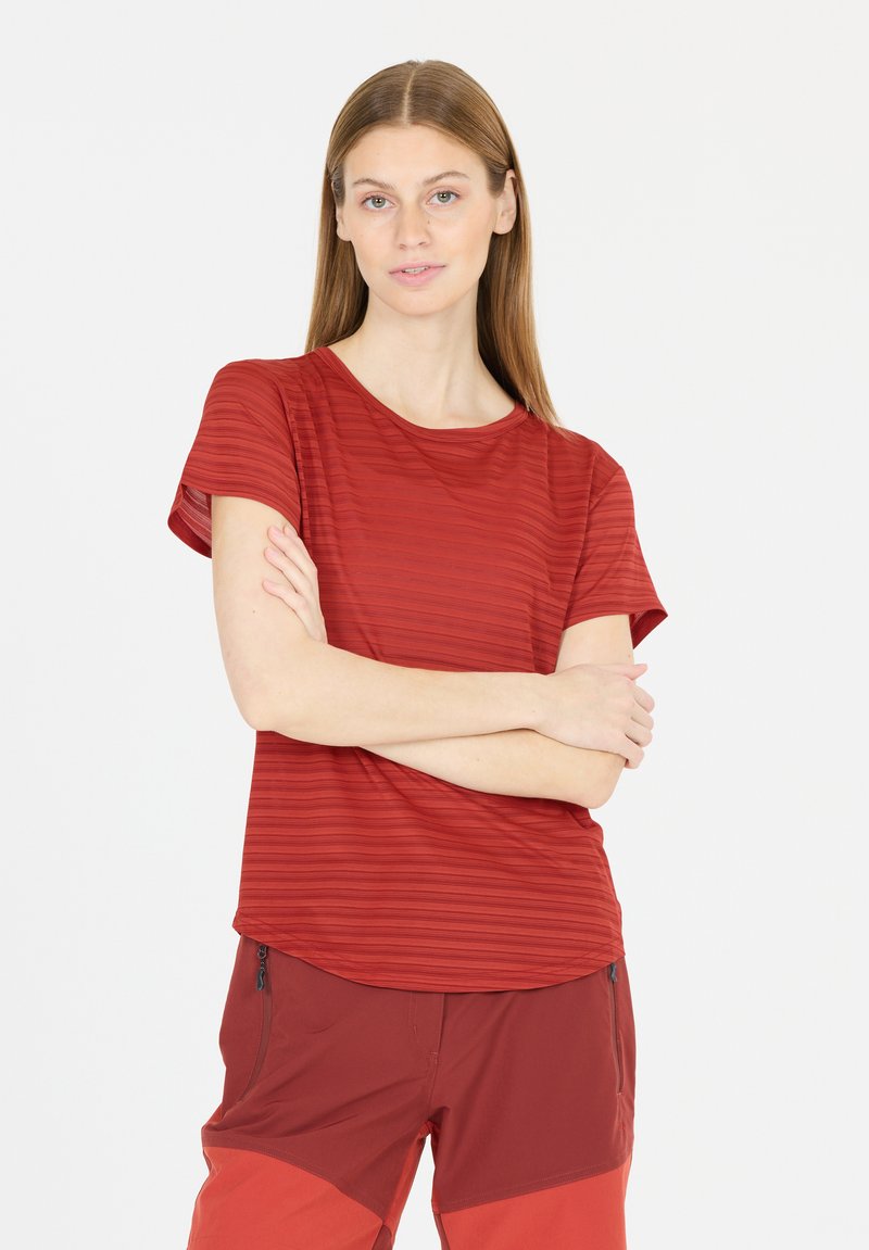 Rood gestreepte shirt met korte mouwen en een ronde halslijn, voorzien van een licht gebogen zoom en een losse pasvorm, gemaakt van lichte, gestructureerde stof.