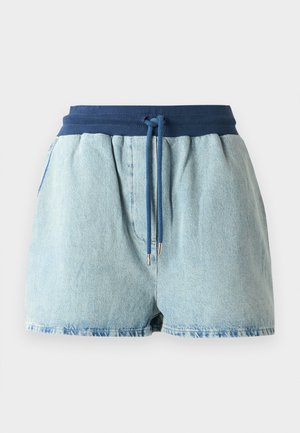 Jasnoniebieskie szorty dżinsowe z elastycznym granatowym pasem. Posiadają sznurek ściągający z metalowymi końcówkami w kolorze srebrnym oraz luźny fason.