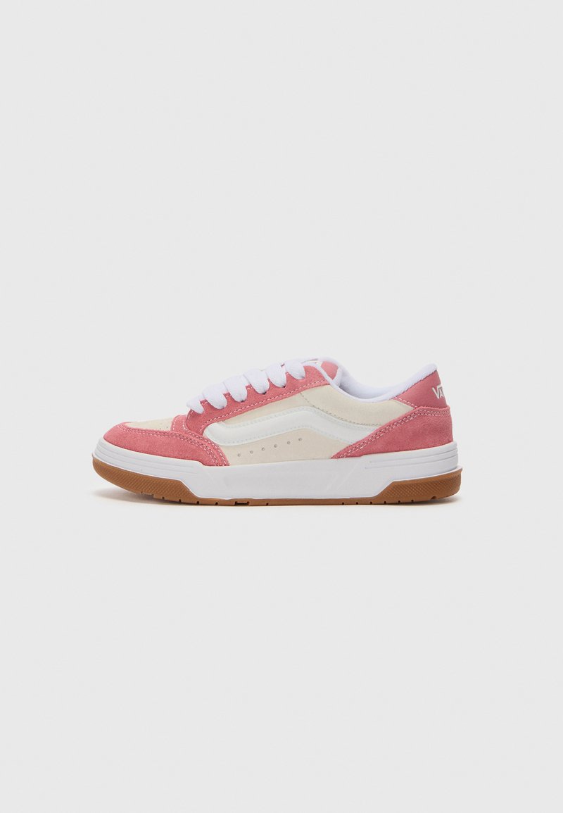 Pink suede and cream leather low-top sneaker with white laces and rubber sole; features perforations and subtle branding on heel.