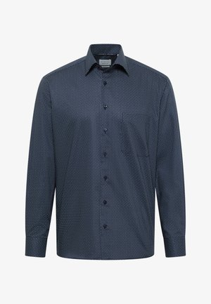 Dunkelblaues, langärmliges Hemd mit Knöpfen, kleinen weißen Punkten und einem klassischen Kragen, sichtbar vor weißem Hintergrund.