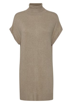 Maglione beige a collo alto, texture a maglia, maniche corte, vestibilità rilassata, orlo dritto, tessuto liscio, design minimalista senza motivi o accenti.