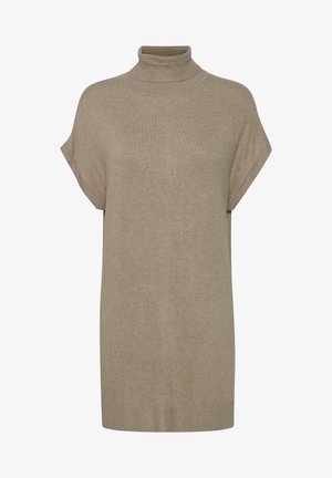 Bēša augstais apkakle džemperis, adīta tekstūra, īsas piedurknes, brīvs piegriezums, taisna apakšmala, gluda auduma, minimālistisks dizains bez rakstiem vai akcentiem.