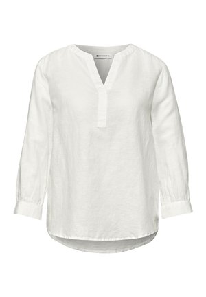Blouse blanche à manches longues avec col en V, manches avec poignets, ourlet légèrement arrondi, en tissu léger.