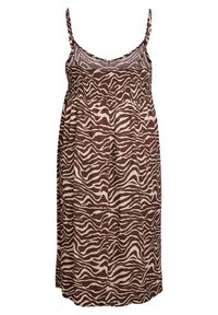 Sundress s uzorkom zebra u smešnim i bež tonovima, tankim naramenicama, smotanim dekolteom, opuštenog kroja i dužine do kolena. Lagana tekstura tkanine.