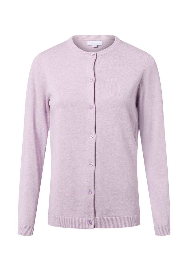 Gilet lilas avec un col rond, des manches longues et une fermeture à boutons sur le devant. Fabriqué en matériau tricoté doux avec un ourlet et des poignets côtelés.