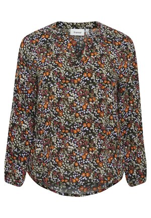 Zwarte bloemenblouse met een V-hals, lange mouwen, versierd met kleine multicolor bloemen op een zwarte achtergrond. Zachte stof met een ontspannen pasvorm.