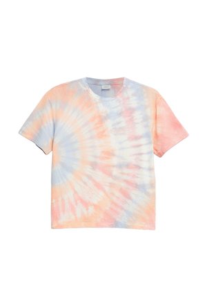 Koszulka z krótkim rękawem i okrągłym dekoltem z pastelowym wzorem tie-dye w kolorach brzoskwiniowym, jasnoniebieskim i białym.