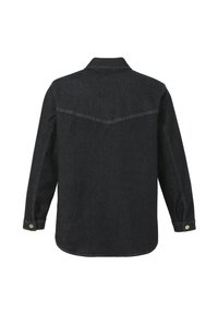 Dunkelblaue Denim-Hemd mit langen Ärmeln, ausgestattet mit einem spitzen Schulterstück, knöpfbaren Manschetten und einem gewölbten Saum, mit kontrastierenden gelben Steppnähten.