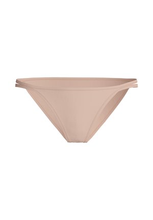 Beige bikini onderstuk met een gladde textuur, lage taille en dunne zijkanten. Geen patronen of versieringen.
