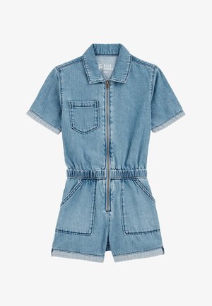 Denimowy kombinezon w jasnoniebieskim kolorze, z zamkiem z przodu, krótkimi rękawami, kieszenią na piersi, elastycznym pasem oraz dwiema bocznymi kieszeniami.