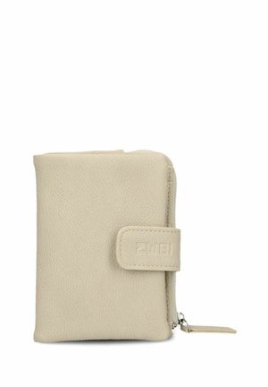 Compact beige lederen portemonnee met een drukknopsluiting en een ritsvak, gegoten met de merknaam "ZWEI" op de band.