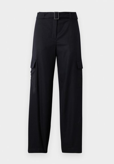 Black cargo pants with a straight-leg design, featuring two side pockets and a belt with a rectangular buckle. Smooth fabric texture.