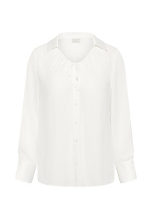 Witte blouse met lange mouwen, een kraag, knopen aan de voorkant en een kleine gestrikte strik bij de halslijn.