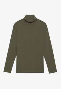 Cămașă verde măsliniu cu mânecă lungă și guler înalt, fabricată dintr-un material moale, având un croi drept și cusături minime.