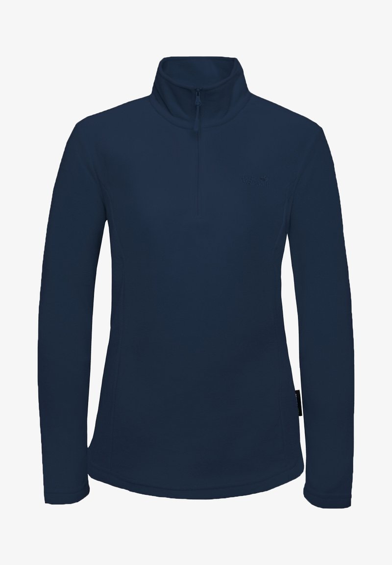 Pull-over bleu marine avec un col haut, une fermeture éclair quart et des manches longues. Fabriqué en tissu doux et extensible avec un détail de logo subtil.