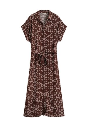 Robe courte à manches courtes marron avec motif géométrique blanc de cercles et carrés, col avec col, devant boutonné et ceinture à nouer à la taille.