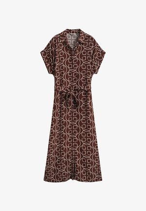 Robe courte à manches courtes marron avec motif géométrique blanc de cercles et carrés, col avec col, devant boutonné et ceinture à nouer à la taille.