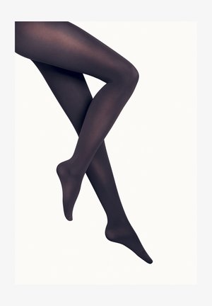 Collants opaques noirs avec une texture lisse, présentant un design ajusté qui épouse les jambes et une apparence semi-transparente au niveau des pieds.
