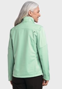 Mintgrüne Softshell-Jacke mit hohem Kragen, Nahtdetails und einem kleinen Logo-Design im oberen Rückenbereich. Glatter, leichter Stoff.