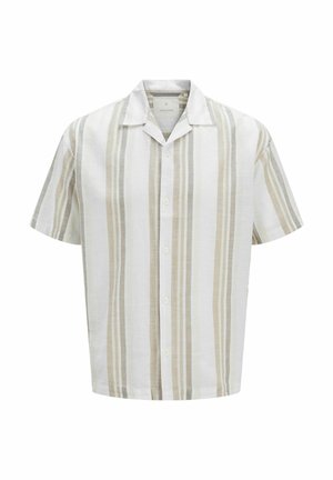 Kortermet skjorte med knapper i lett lin som har vertikale beige og hvite striper, camp collar og en avslappet passform.