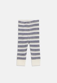 Stripete leggings i myk stoff med vekslende marineblå og kremfargede horisontale striper. Har ribbet ankelmansjetter i krem.