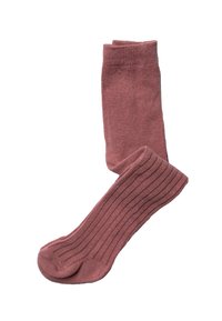 Rosafarbene Baumwollsocken mit geripptem Muster, das eine glatte Oberseite und eine verstärkte Zehenpartie hat. Eine Socke ist gefaltet, während die andere flach liegt.