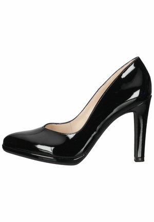 Escarpin à talon haut en cuir verni noir avec bout arrondi et doublure intérieure beige, vu de côté sur fond blanc.