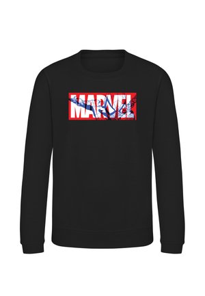Sort langærmet sweatshirt med en hvid Marvel-logo med røde kanter og et blåt og rødt Spider-Man-grafik ovenpå teksten.