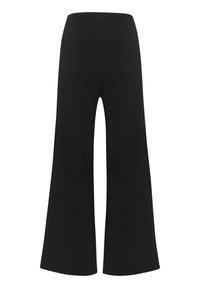 Black wide-leg pants with a smooth, stretchy material and a high waistband. The design features a flared silhouette for a relaxed fit.
