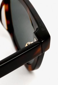 Gafas de sol de carey con lentes oscuros, que presentan un marco grueso, acentos de hardware dorado cerca de la bisagra y un logotipo de marca grabado.