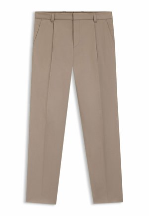 Beige skræddersyede bukser med frontstige, sidelommer, bæltestropper og lynlås, lagt fladt på en hvid baggrund.