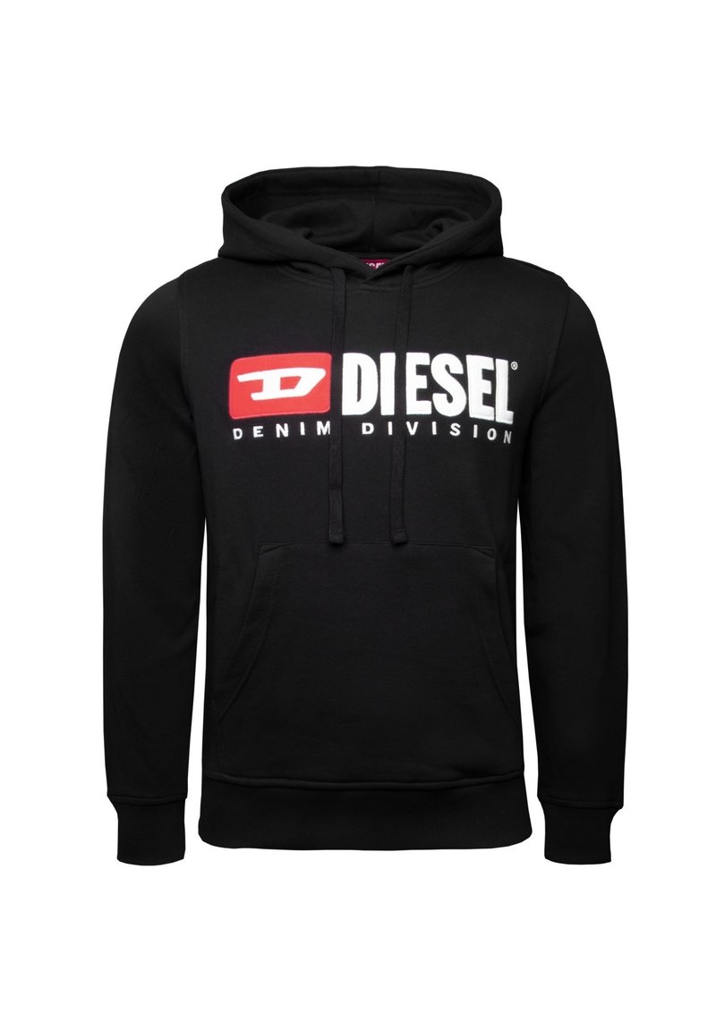 Sudadera con capucha negra hecha de algodón, que presenta un gran logotipo en rojo y blanco "DIESEL" con el texto "DENIM DIVISION". Incluye un bolsillo frontal y cordones.