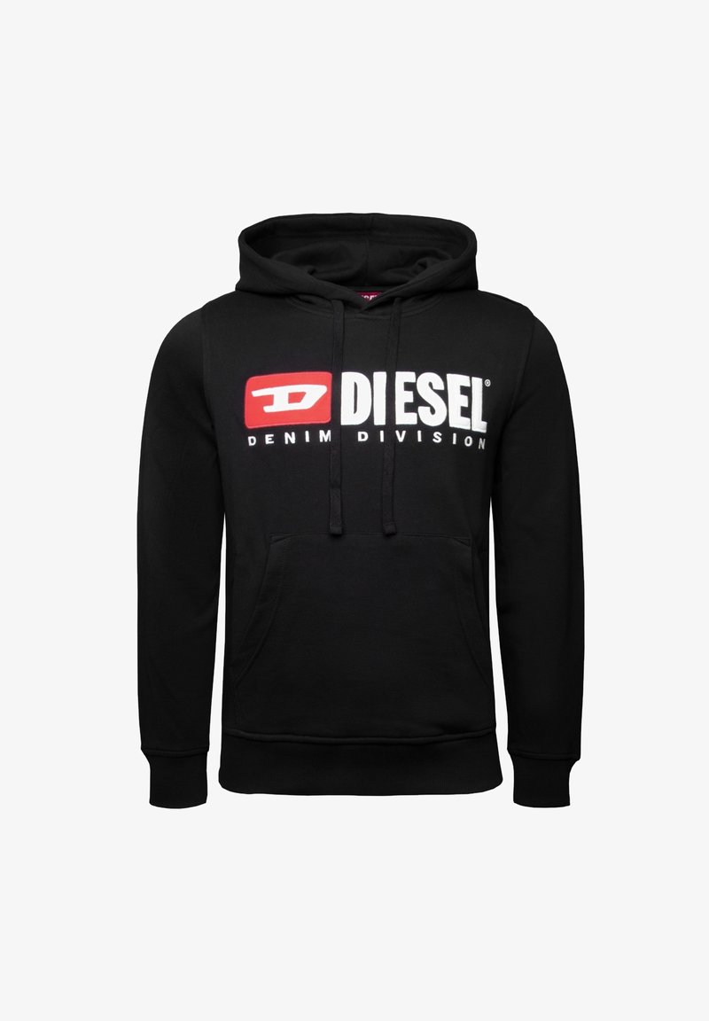 Sudadera con capucha negra hecha de algodón, que presenta un gran logotipo en rojo y blanco "DIESEL" con el texto "DENIM DIVISION". Incluye un bolsillo frontal y cordones.