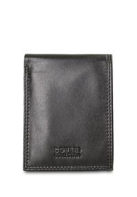 Zwarte leren portemonnee met een gladde textuur en een overslagontwerp. Voorzien van een geperst "COVERI COLLECTION" logo en nauwkeurige stikseldetails.