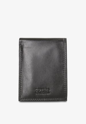 Black leather wallet with a smooth texture and a fold-over design. Features embossed "COVERI COLLECTION" logo and precise stitching details.