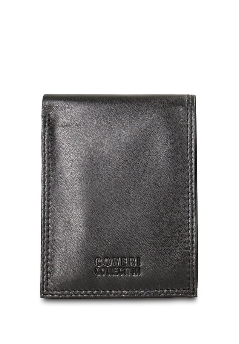 Zwarte leren portemonnee met een gladde textuur en een overslagontwerp. Voorzien van een geperst "COVERI COLLECTION" logo en nauwkeurige stikseldetails.