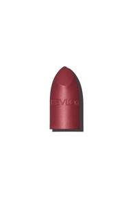 Revlon lipstick in a matte burgundy shade, featuring a bullet shape with a rounded tip and embossed branding on the side.