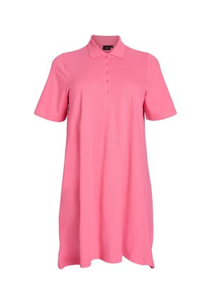 Vaaleanpunainen polo-mekko, joka on valmistettu pehmeästä kankaasta. Mekossa on kauluskansi, lyhyet hihat, napitus ja rento istuvuus.