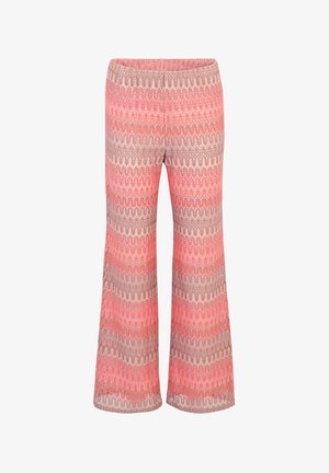 Flared pants made of a soft, knit fabric featuring a coral and grey wavy pattern. Elastic waistband for comfort and ease of wear.