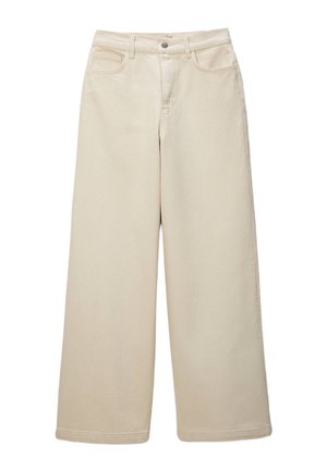 Pantalon beige taille haute à jambes larges en denim, avec fermeture à boutons sur le devant, cinq poches et coutures apparentes.