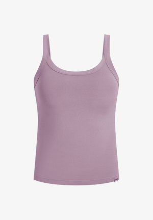 Lyse lilla tanktop med tynde stropper, glat tekstur og tætsiddende design; har en rund halsudskæring og en enkel, ren kant.