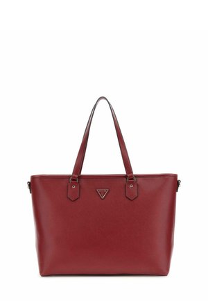 Sac fourre-tout synthétique rouge avec deux poignées supérieures, une forme rectangulaire structurée et une plaque logo sur le devant. Surface texturée avec des accents.