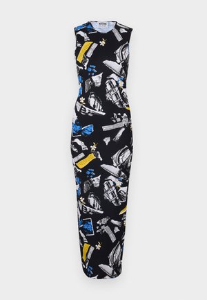 Sømløs svart maxikjole med grafisk trykk som viser blå, gule og hvite bygninger og tekst. Slim fit og glatt stofftekstur.