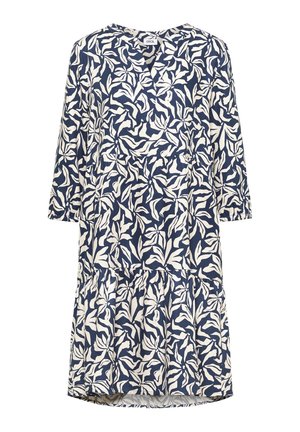 Marineblaues Kleid mit weißem, abstraktem Blattmuster, dreiviertellangen Ärmeln, V-Ausschnitt und einem gerafften Rockteil unterhalb der Taille.