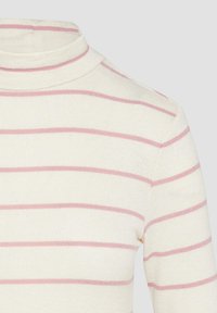 Cremfarbener Rollkragenpullover mit feinen rosa Streifen, glatter Textur, geripptem Kragen und enganliegendem Schnitt, ideal zum Schichten oder zum Tragen allein.