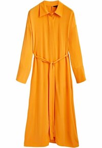 Oranges, langärmeliges Kleid aus glattem Stoff. Verfügt über einen kragenlosen Ausschnitt, eine Knopfschließe und einen gebundenen Taillengürtel. Der Saum fällt unter das Knie.