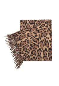 Sciarpa con stampa leopardata featuring macchie marroni e nere su uno sfondo beige. Rifinita con bordi frangiati, realizzata in materiale morbido.