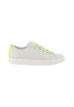 Gray leather sneaker with neon green laces and heel accents. Features a white rubber sole and stitched detailing along the sides.