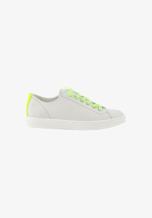 Gray leather sneaker with neon green laces and heel accents. Features a white rubber sole and stitched detailing along the sides.