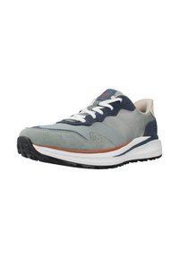 Light gray and navy athletic shoe made of suede and fabric, featuring white laces, rubber sole, and a rounded design with subtle stitching.